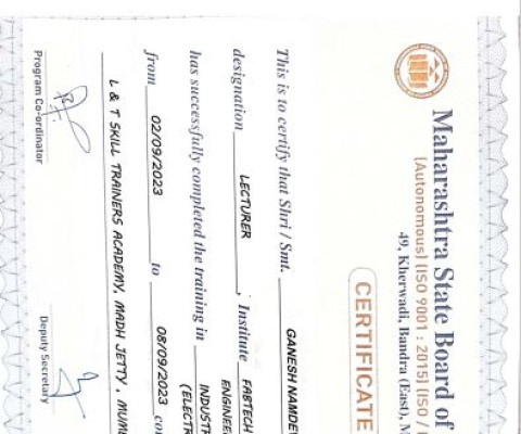 Prof. Ganesh Shinde Completed Industrial Training Program