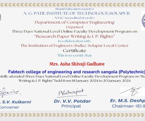 Certificate for FDP on Research Paper Writing & I.P. Rights